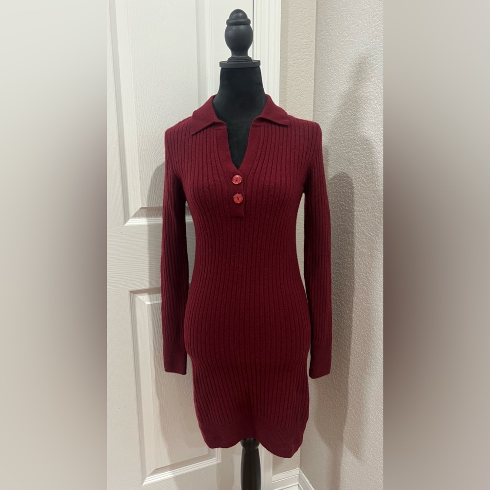 CRUSH Cashmere TROY RIB POLO DRESS Long Sleeve Collared New Womens Size 1 Maroon